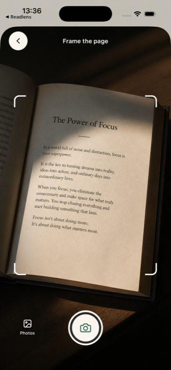 ReadLens camera capture: framing guides over an open book titled 'The Power of Focus'