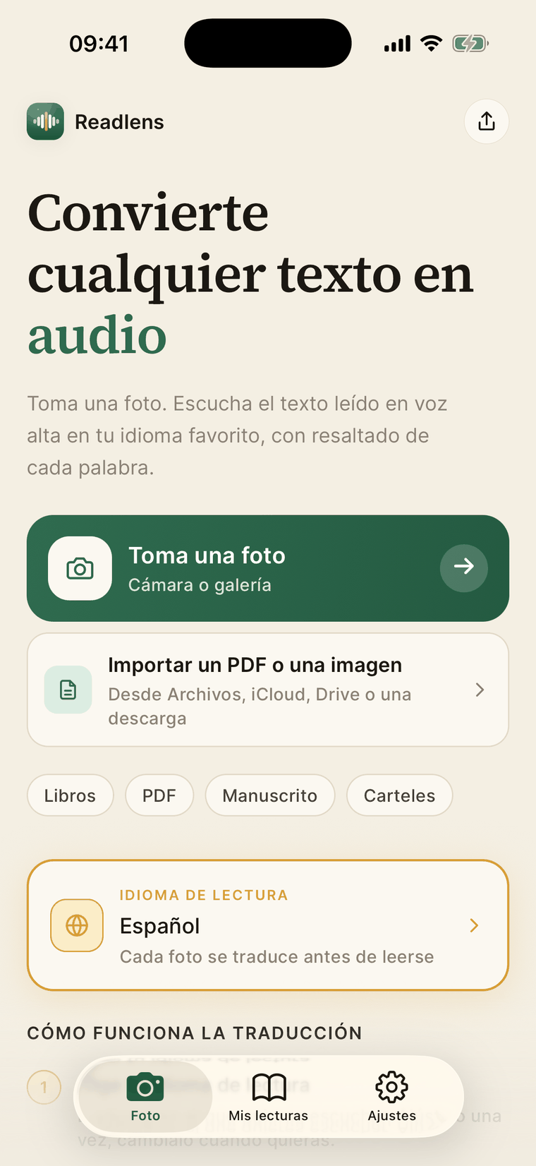 Pantalla de inicio de ReadLens lista para tomar una foto de una página de apuntes y convertirla en audio