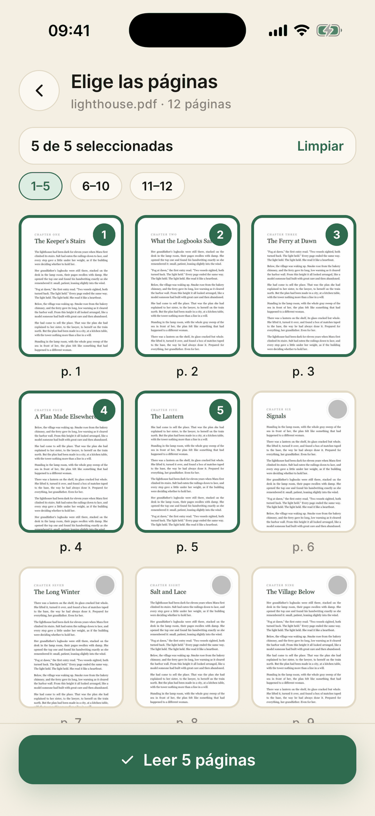 Pantalla 'Elige las páginas' de ReadLens con cinco páginas de un PDF seleccionadas y el botón 'Leer 5 páginas'