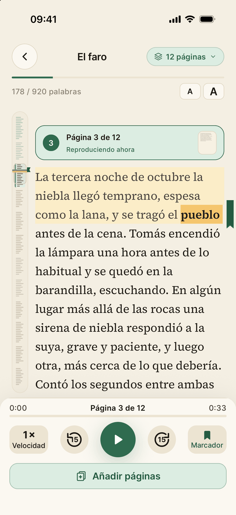 ReadLens leyendo en voz alta un menú traducido con la palabra actual resaltada