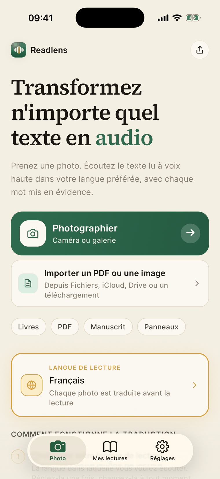 Écran d'accueil de ReadLens avec le sélecteur de langue de lecture, utilisé pour alterner entre la langue d'origine et la traduction