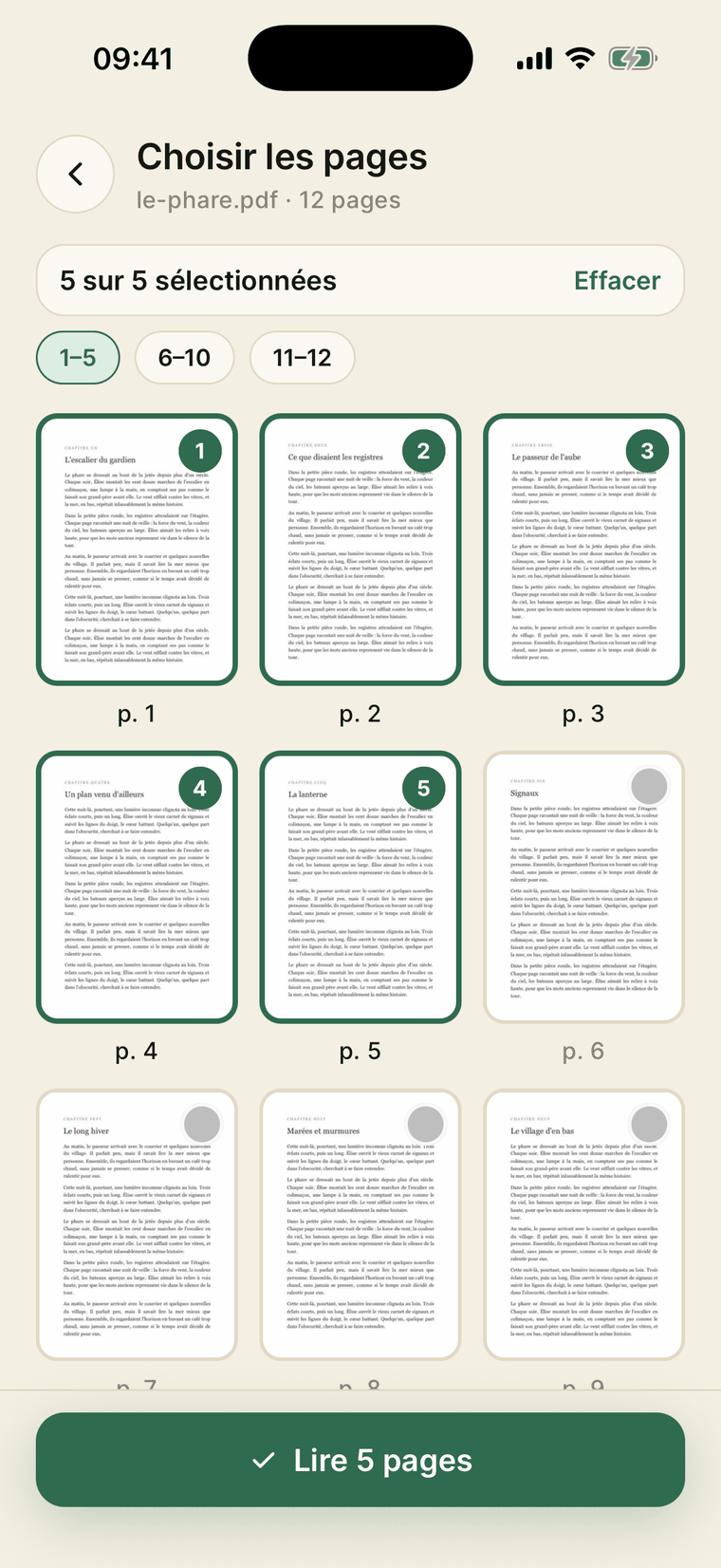 Écran 'Choisir les pages' de ReadLens avec cinq pages d'un PDF sélectionnées et le bouton 'Lire 5 pages'