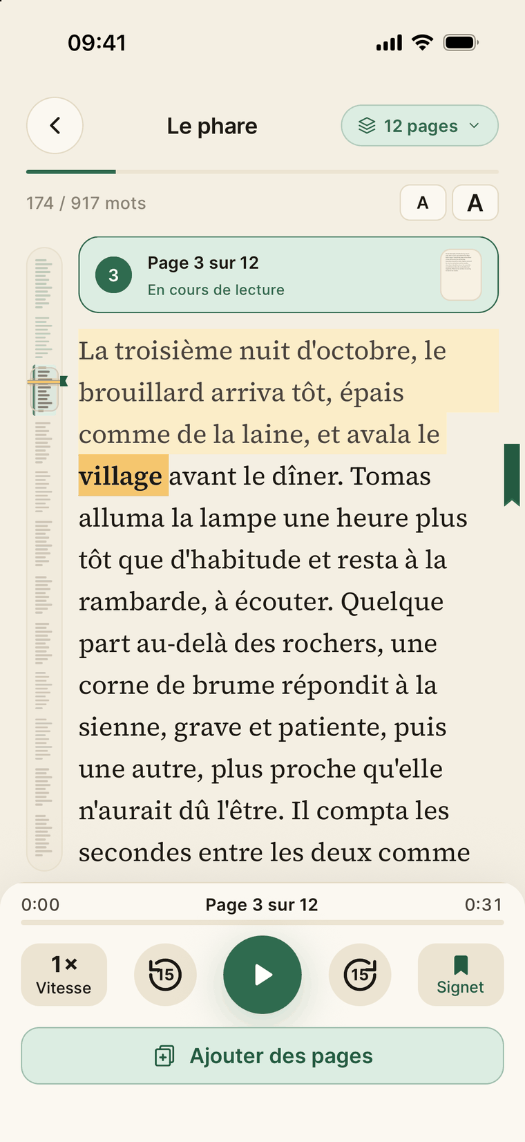 ReadLens lisant à voix haute un menu traduit avec le mot en cours surligné